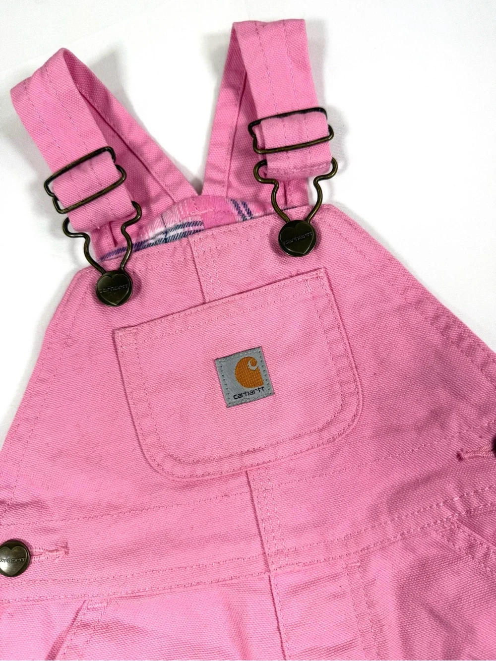 CARHARTT Girls Canvas Bib Overalls 9M Pink Plaid Lined Workwear Farmcore Western